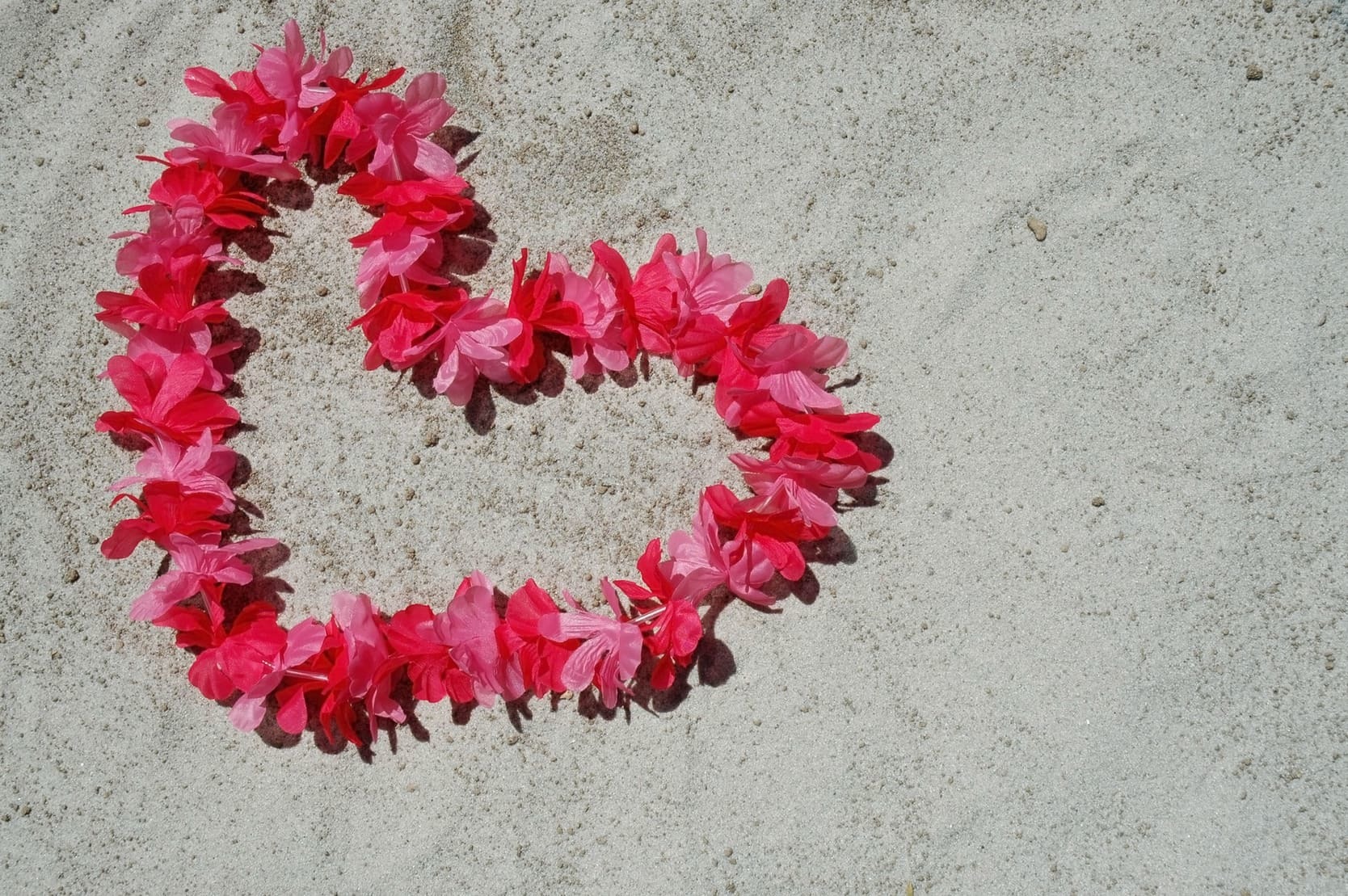 Heart made out of a flowered lei on a beach in Florida